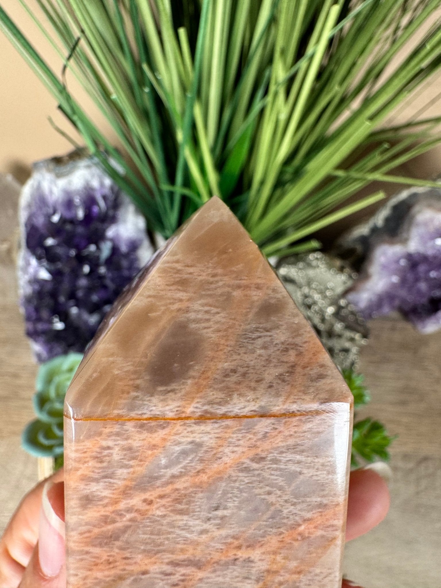 Peach Moonstone Obelisk 5.8in - Purple Door Alchemy