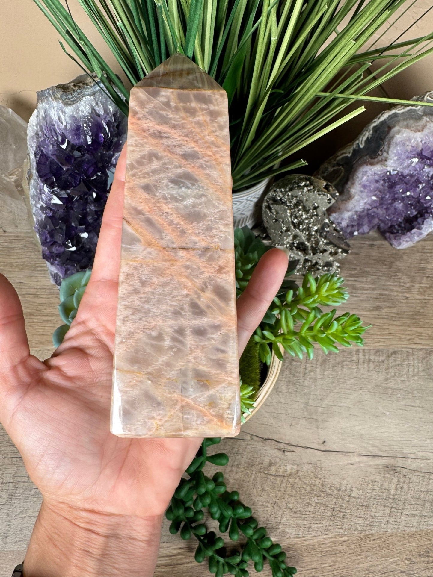Peach Moonstone Obelisk 5.8in - Purple Door Alchemy
