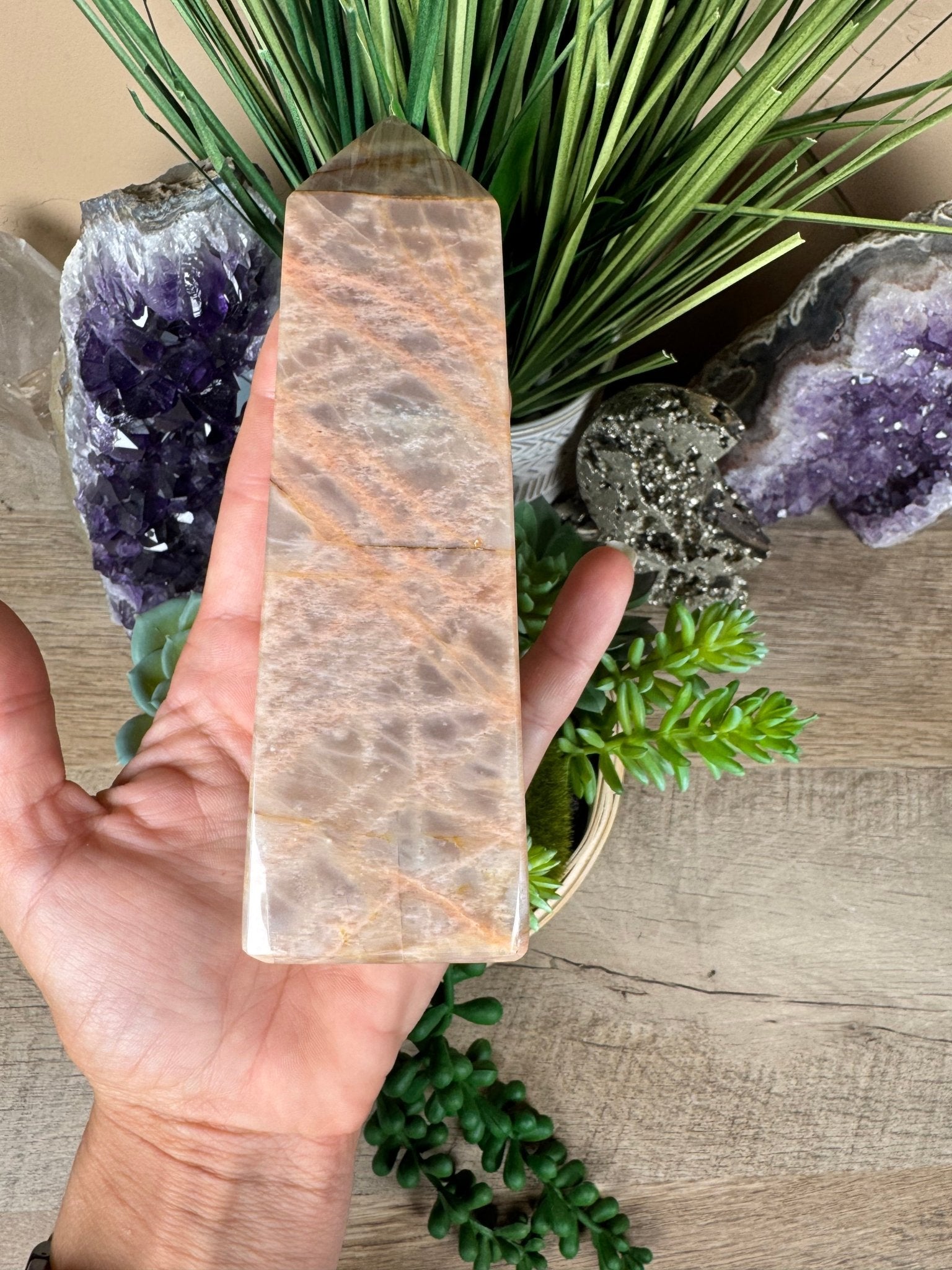 Peach Moonstone Obelisk 5.8in - Purple Door Alchemy