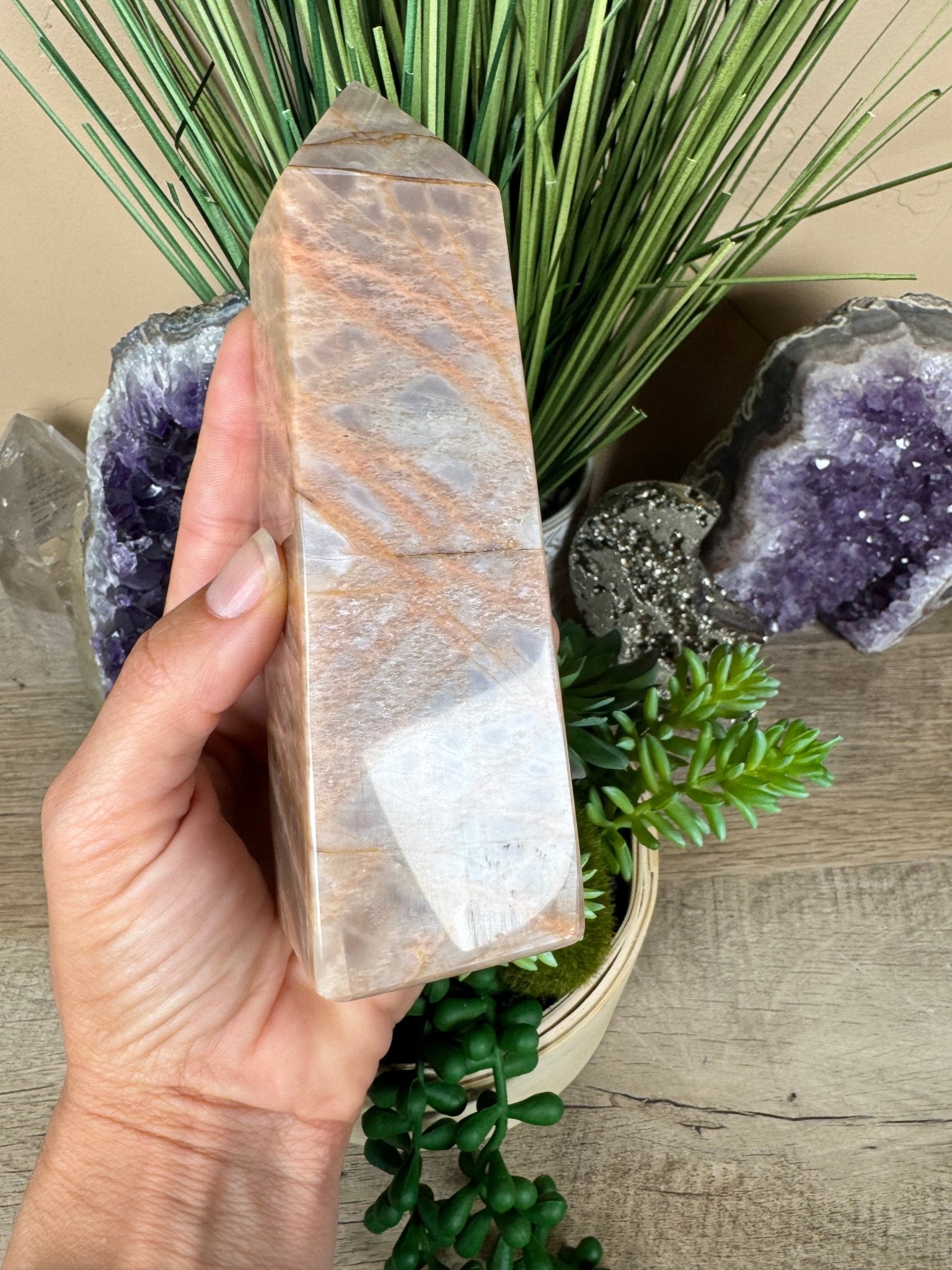 Peach Moonstone Obelisk 5.8in - Purple Door Alchemy