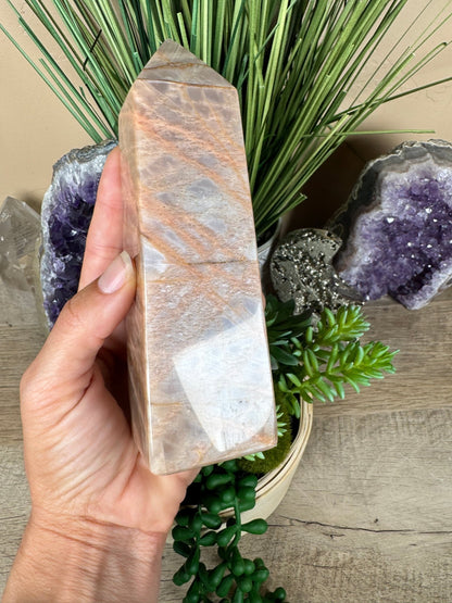 Peach Moonstone Obelisk 5.8in - Purple Door Alchemy