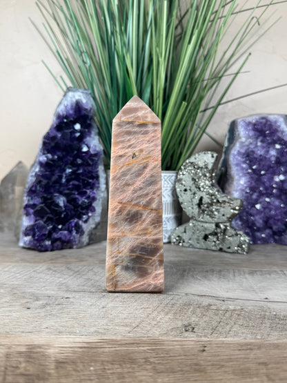Peach Moonstone Obelisk 5.8in - Purple Door Alchemy