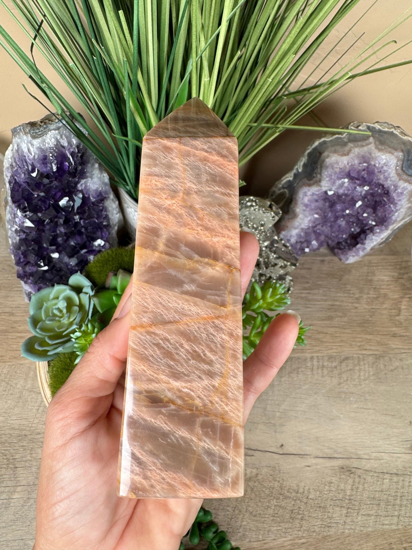 Peach Moonstone Obelisk 5.8in - Purple Door Alchemy