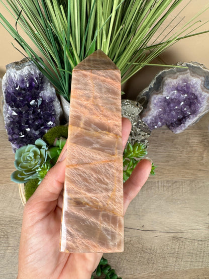 Peach Moonstone Obelisk 5.8in - Purple Door Alchemy