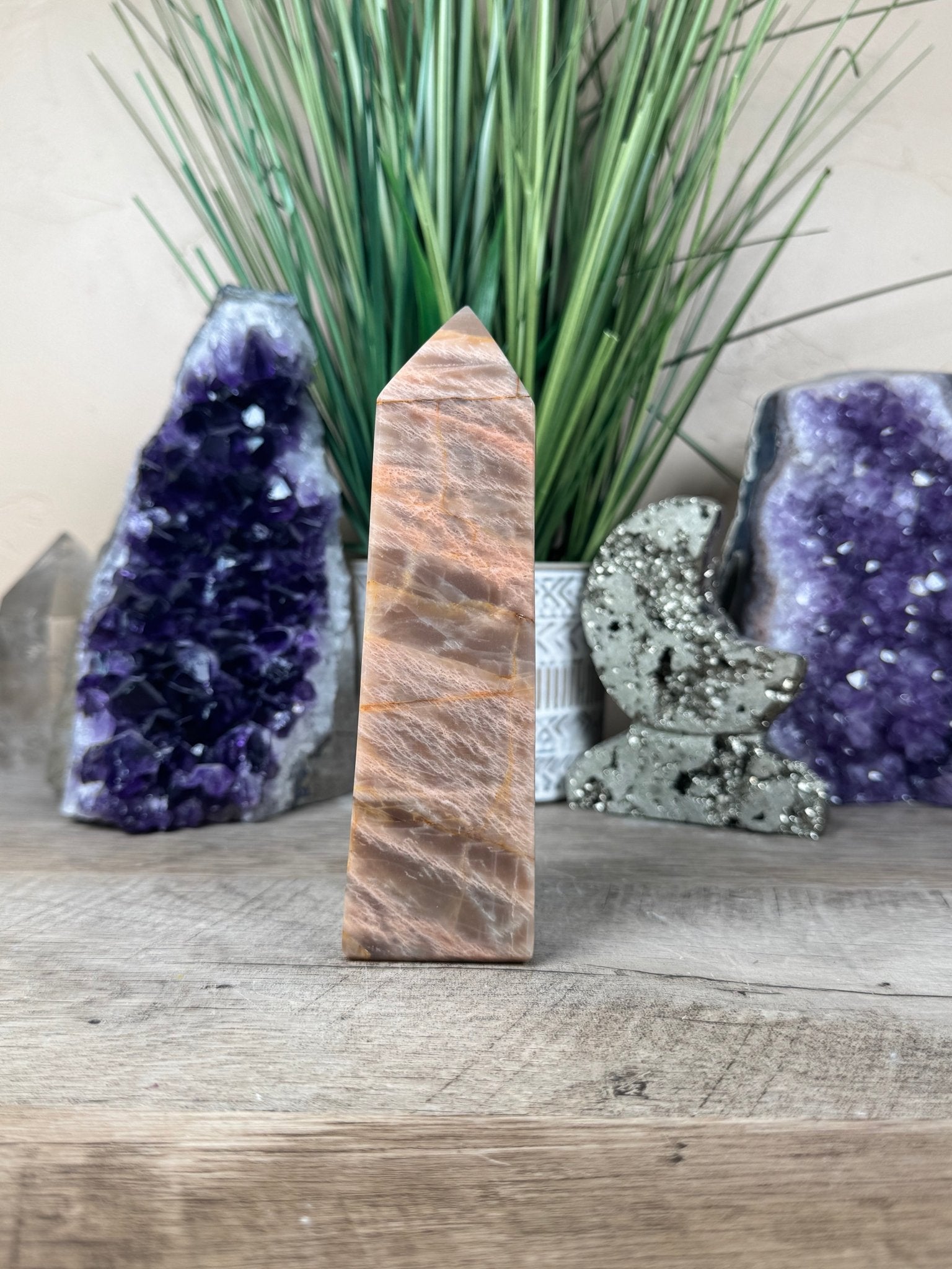 Peach Moonstone Obelisk 5.8in - Purple Door Alchemy