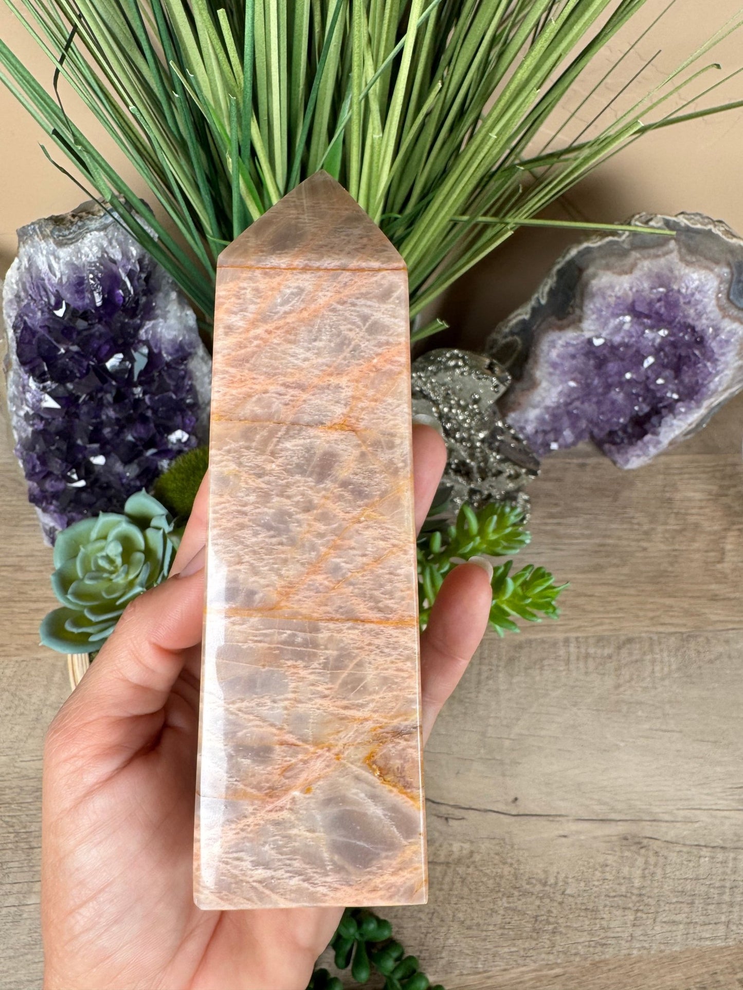 Peach Moonstone Obelisk 5.8in - Purple Door Alchemy