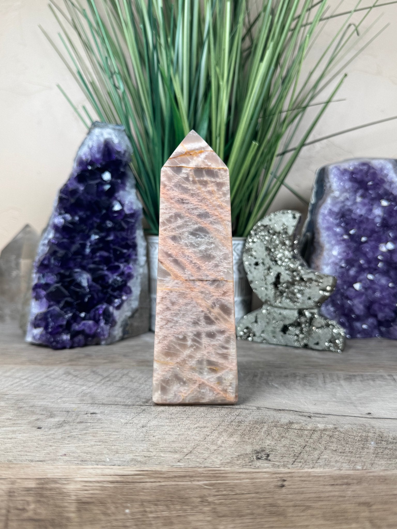 Peach Moonstone Obelisk 5.8in - Purple Door Alchemy