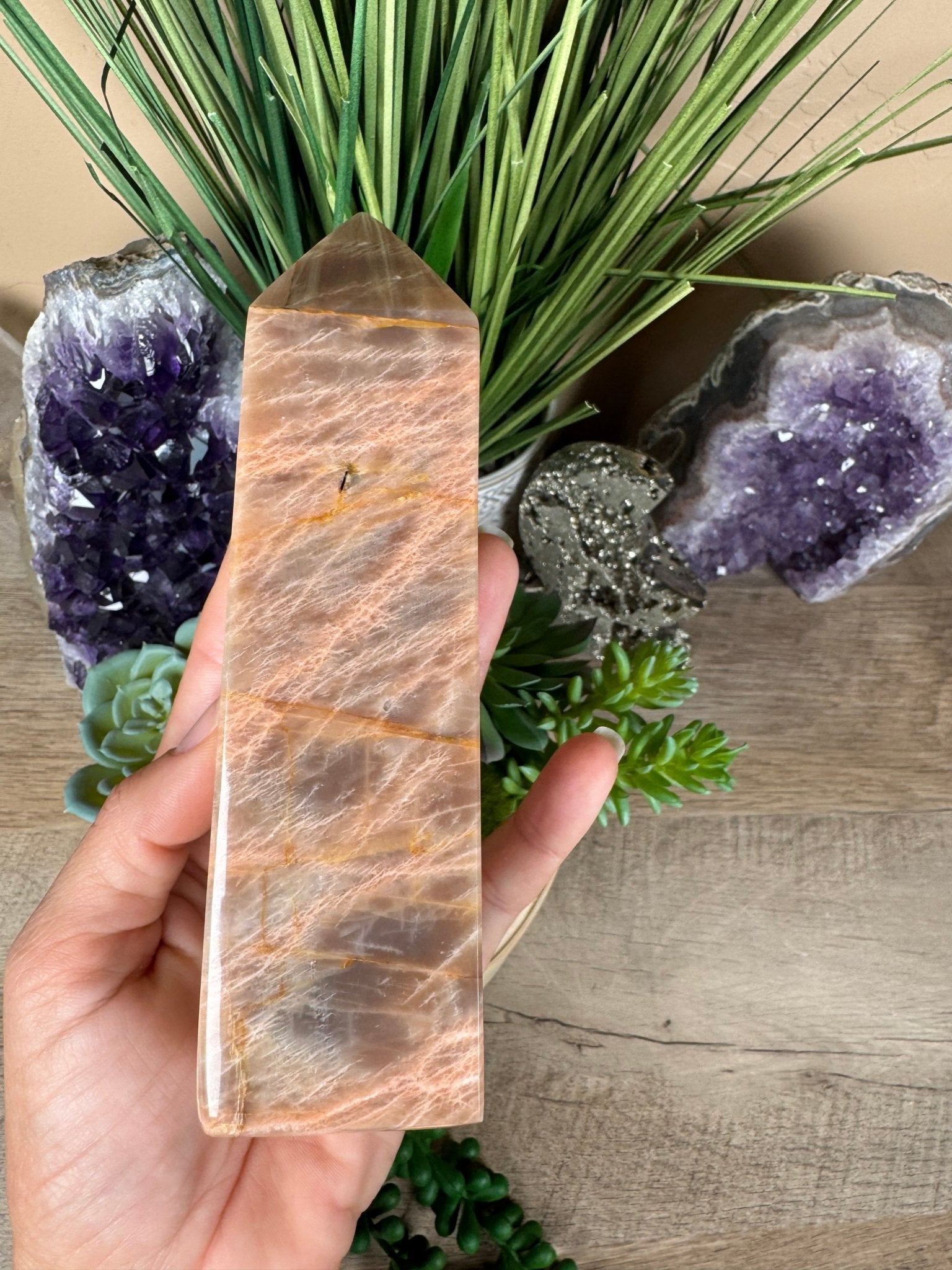 Peach Moonstone Obelisk 5.8in - Purple Door Alchemy