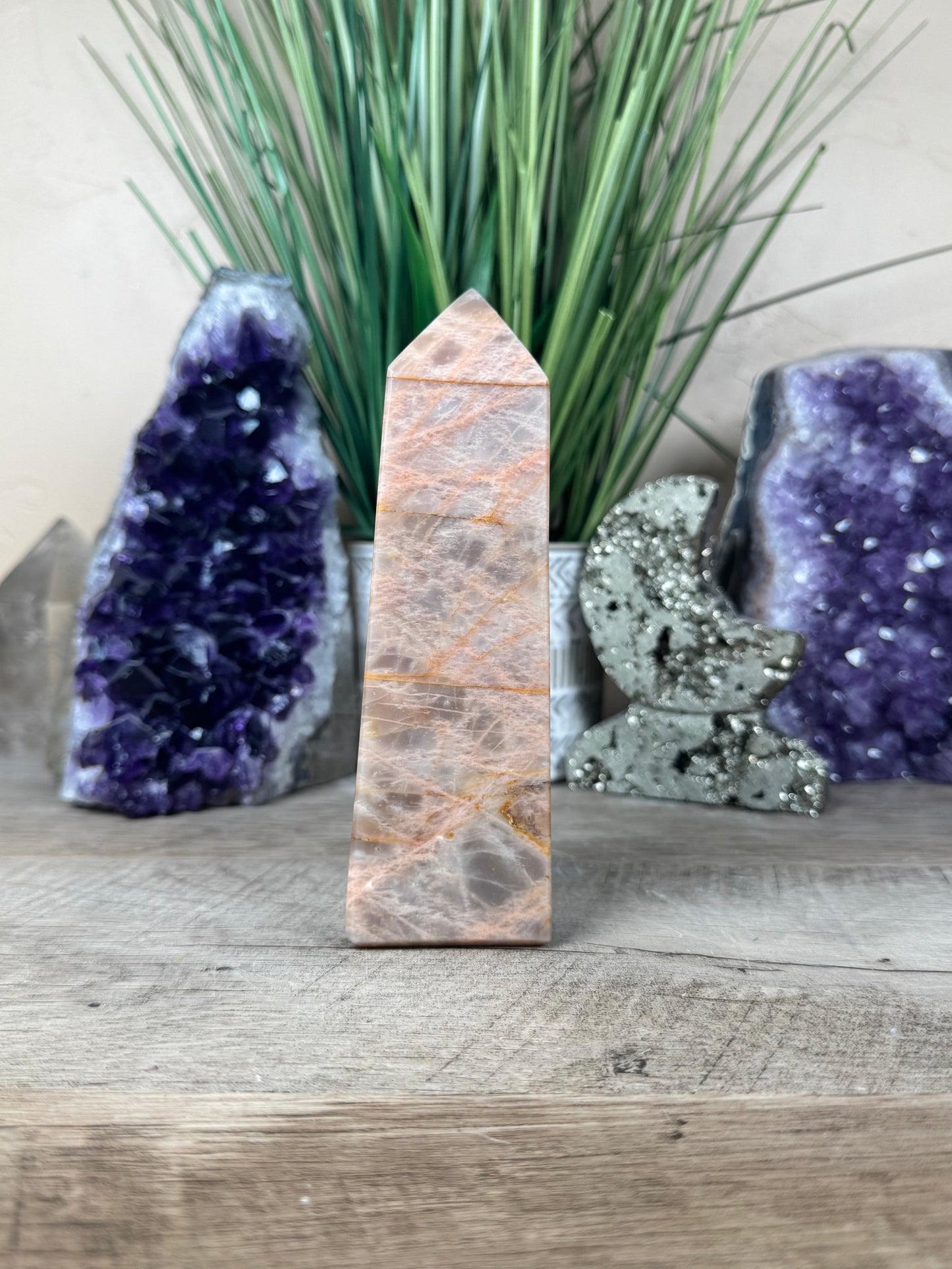 Peach Moonstone Obelisk 5.8in - Purple Door Alchemy