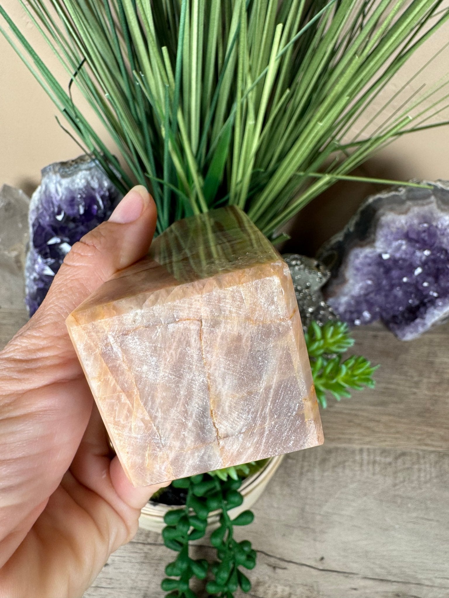 Peach Moonstone Obelisk 6.1in - Purple Door Alchemy