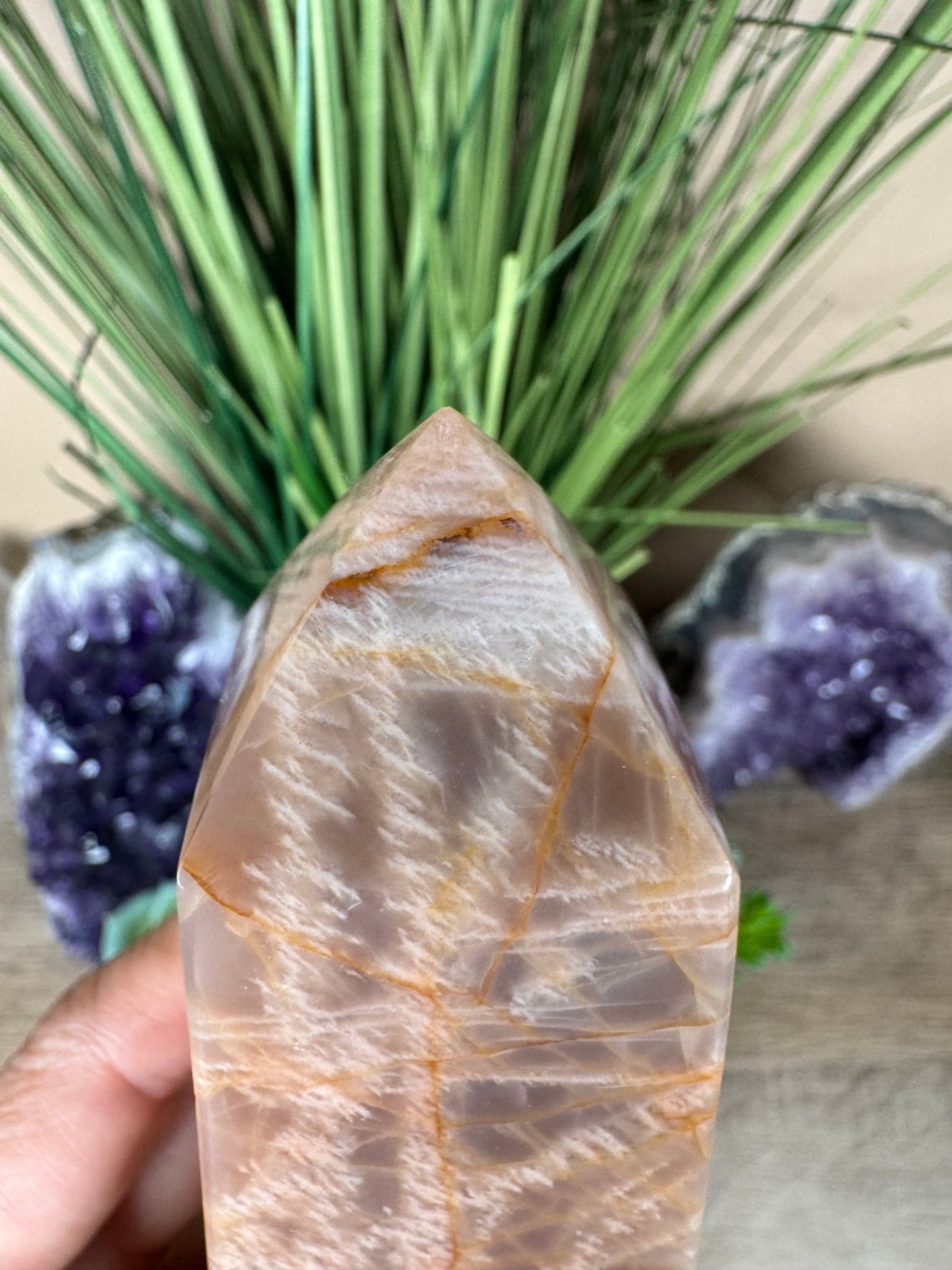 Peach Moonstone Obelisk 6.1in - Purple Door Alchemy