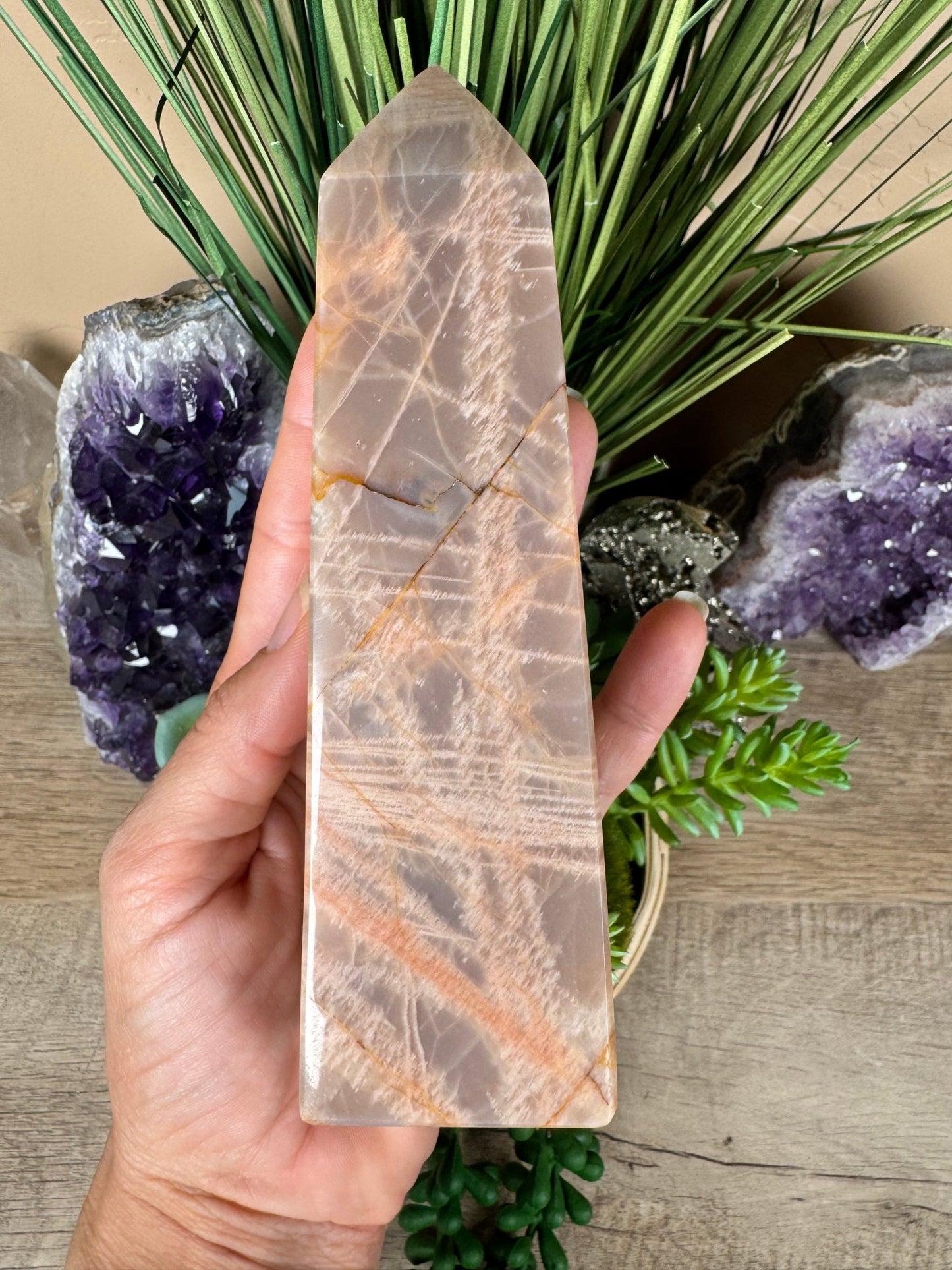 Peach Moonstone Obelisk 6.1in - Purple Door Alchemy