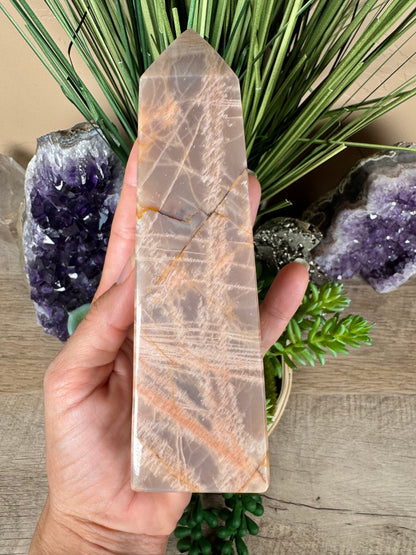 Peach Moonstone Obelisk 6.1in - Purple Door Alchemy