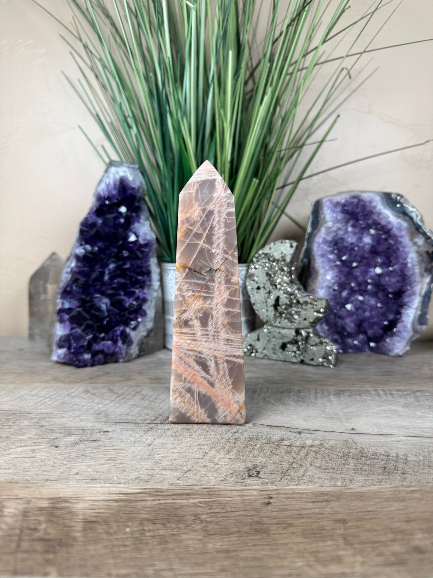 Peach Moonstone Obelisk 6.1in - Purple Door Alchemy