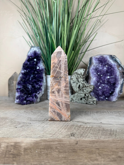 Peach Moonstone Obelisk 6.1in - Purple Door Alchemy