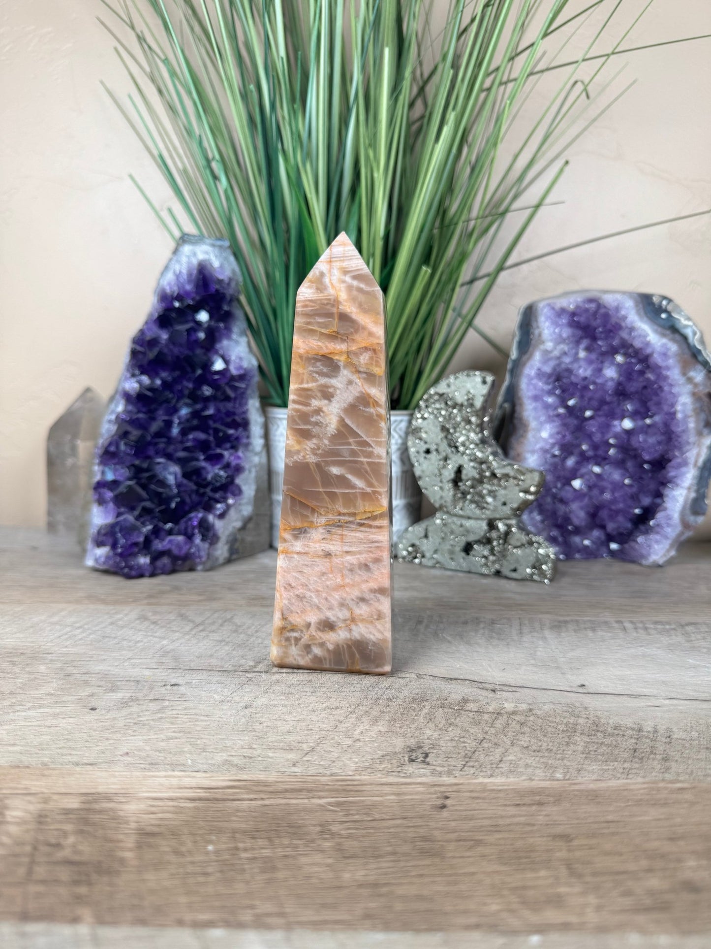 Peach Moonstone Obelisk 6.1in - Purple Door Alchemy