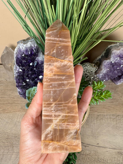 Peach Moonstone Obelisk 6.1in - Purple Door Alchemy