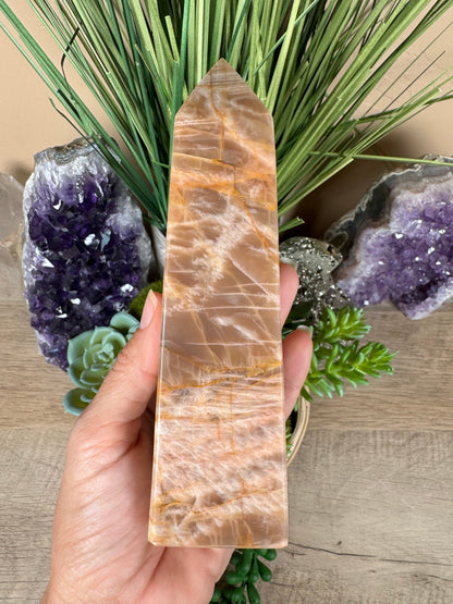 Peach Moonstone Obelisk 6.1in - Purple Door Alchemy