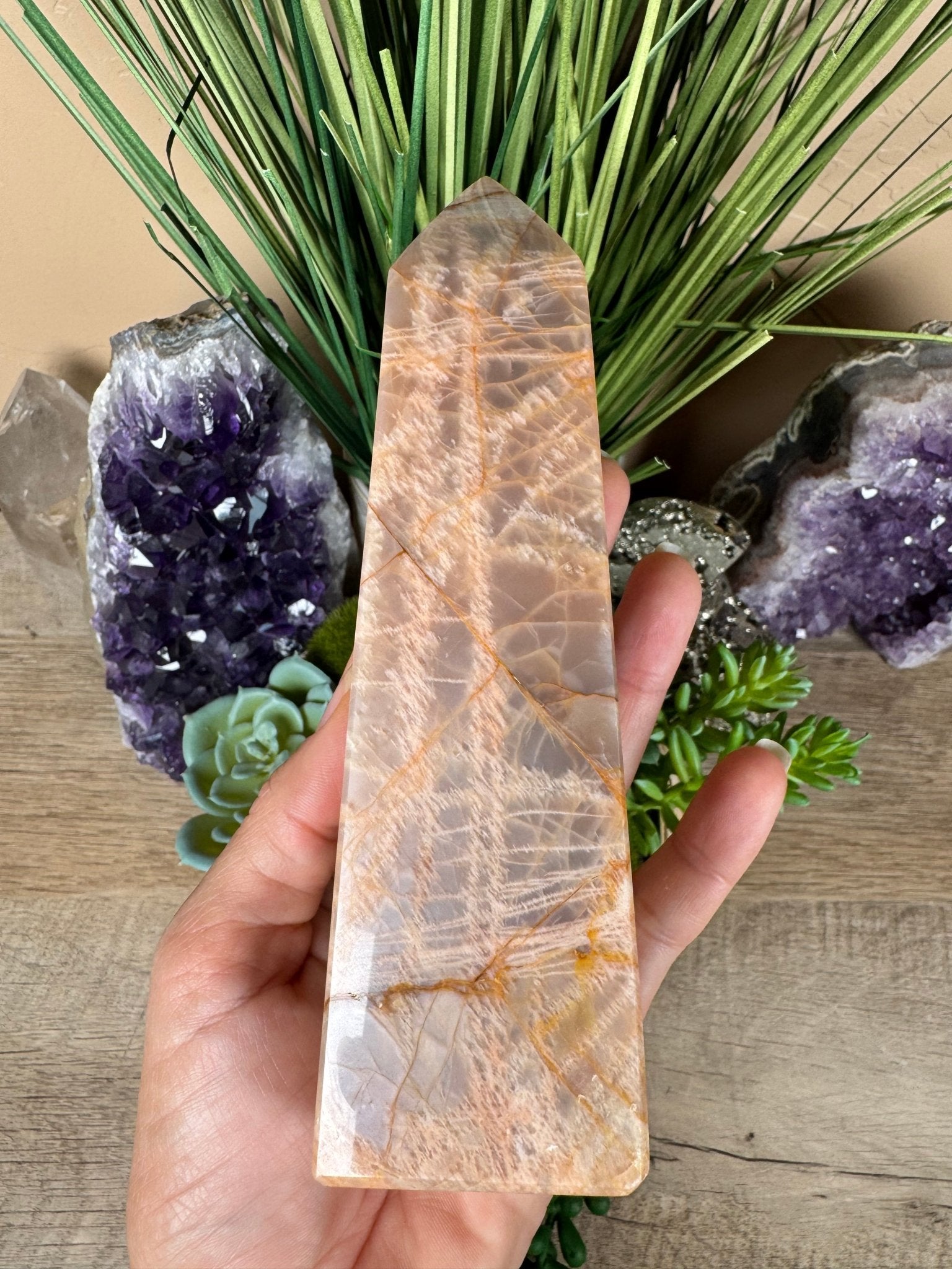 Peach Moonstone Obelisk 6.1in - Purple Door Alchemy