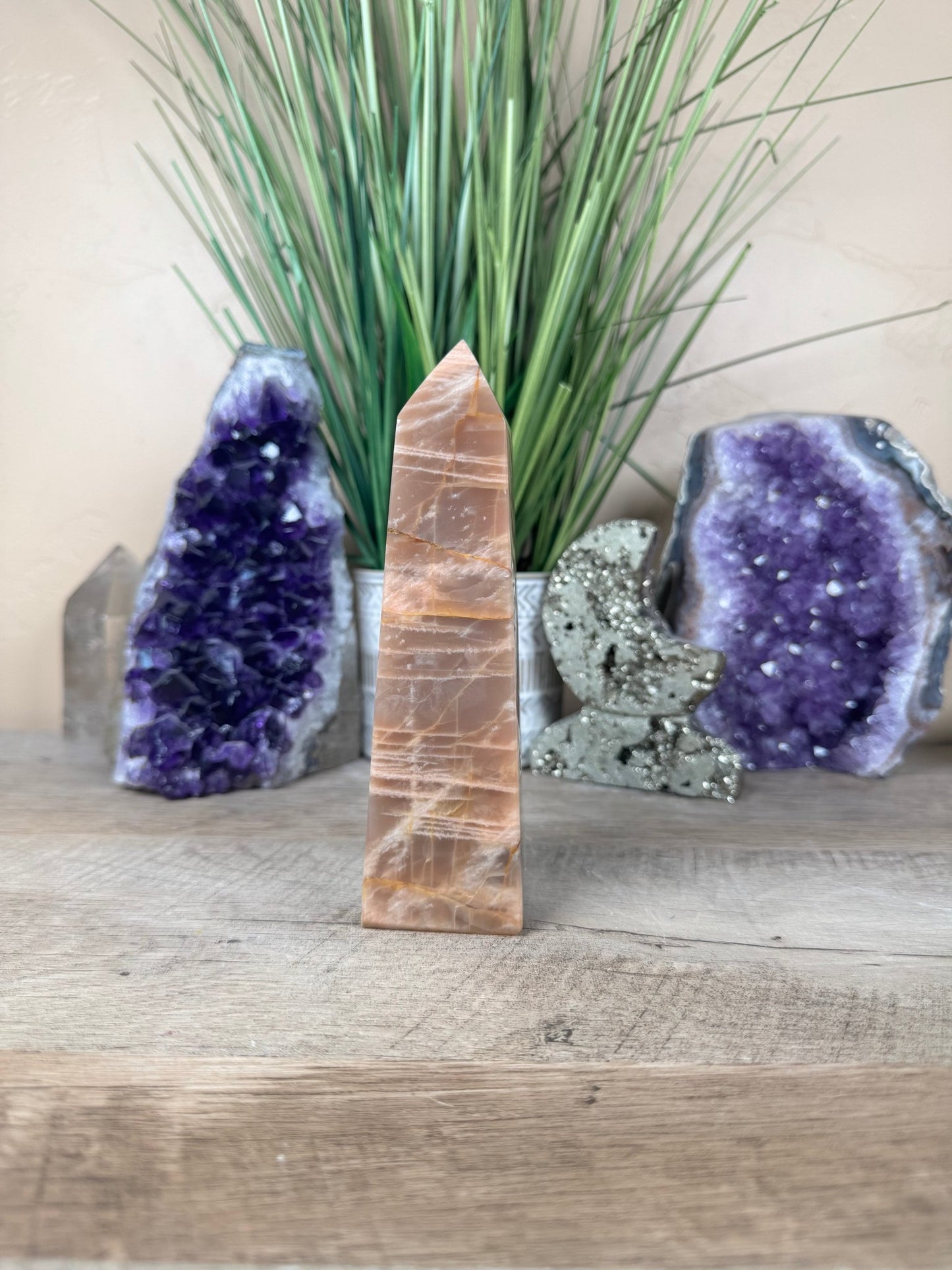Peach Moonstone Obelisk 6.1in - Purple Door Alchemy