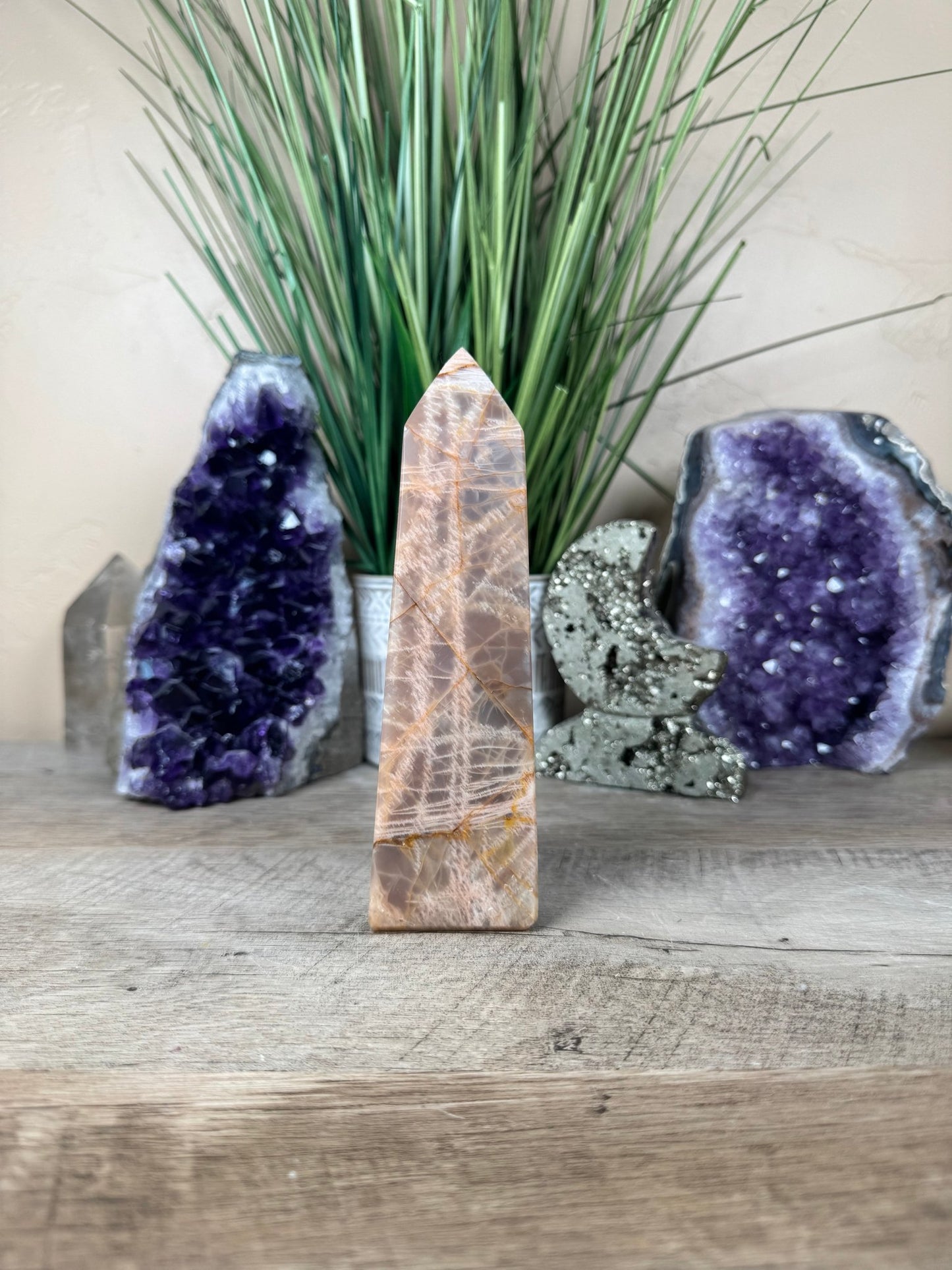 Peach Moonstone Obelisk 6.1in - Purple Door Alchemy