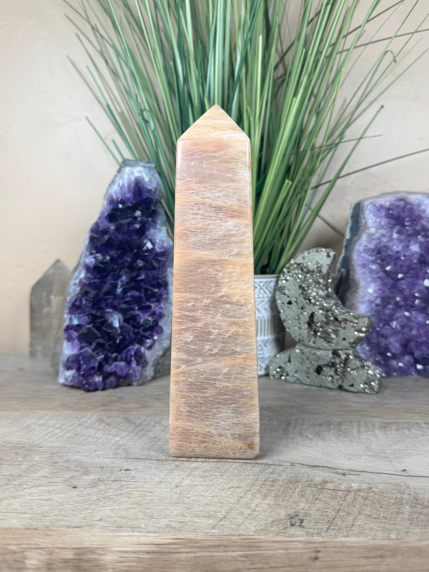 Peach Moonstone Obelisk 7.6in - Purple Door Alchemy