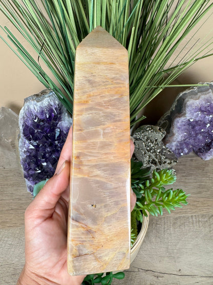Peach Moonstone Obelisk 7.6in - Purple Door Alchemy
