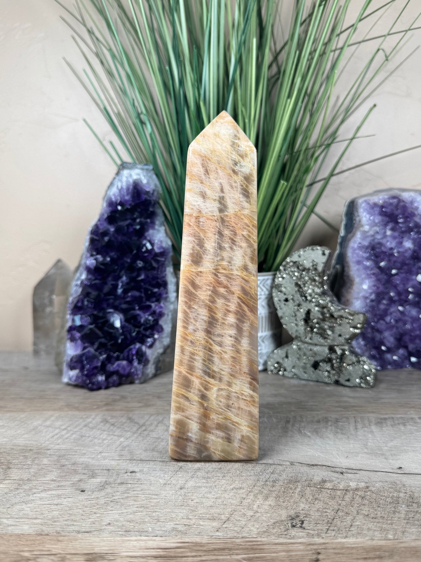 Peach Moonstone Obelisk 7.6in - Purple Door Alchemy