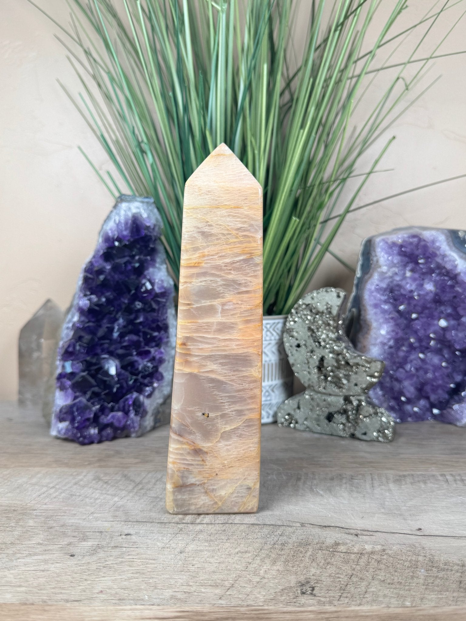 Peach Moonstone Obelisk 7.6in - Purple Door Alchemy