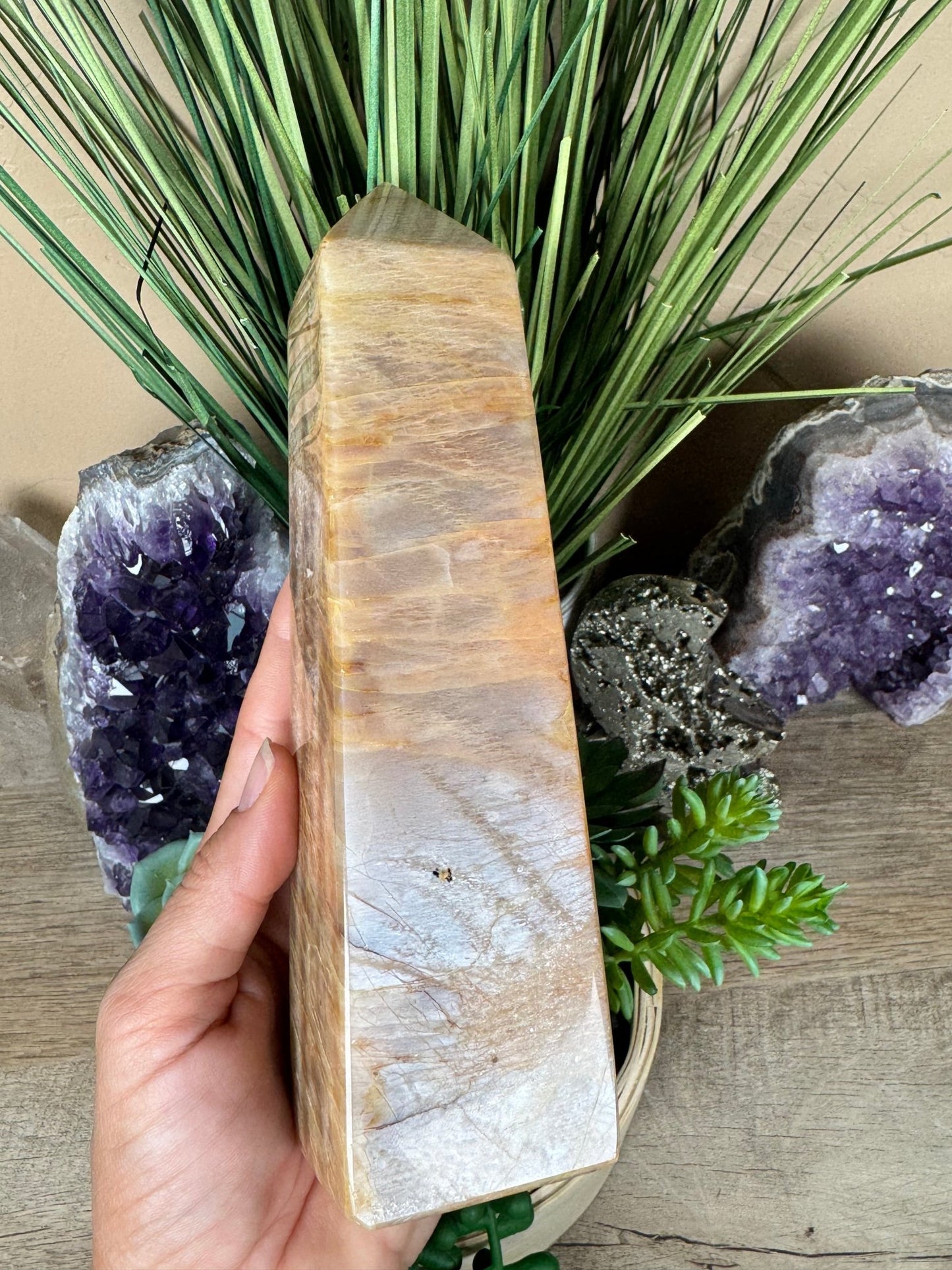 Peach Moonstone Obelisk 7.6in - Purple Door Alchemy