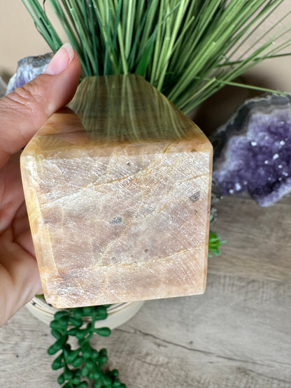 Peach Moonstone Obelisk 7.6in - Purple Door Alchemy