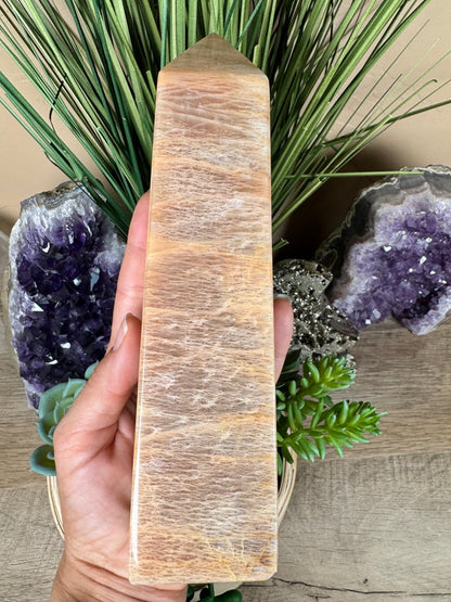 Peach Moonstone Obelisk 7.6in - Purple Door Alchemy