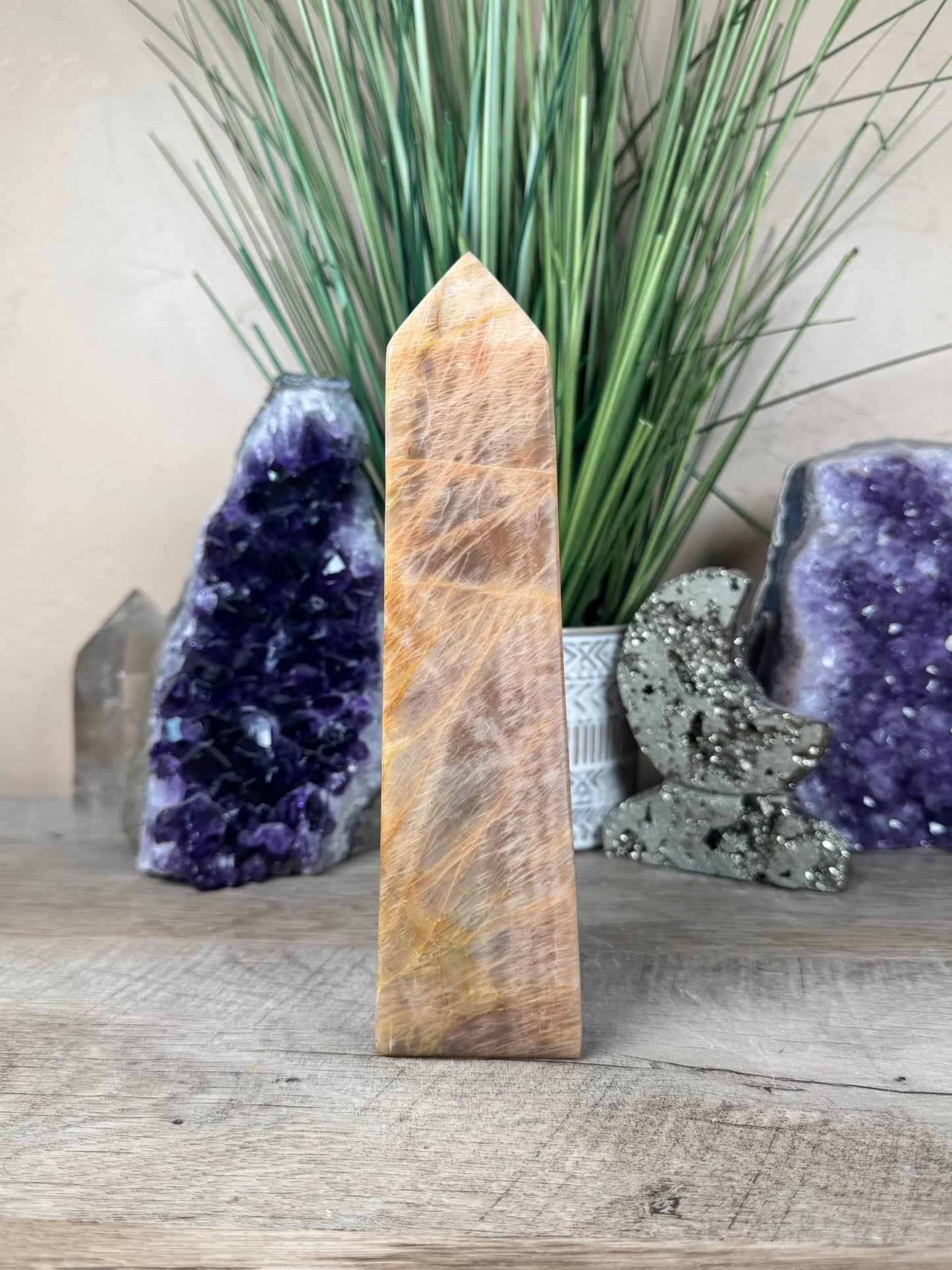 Peach Moonstone Obelisk 7.6in - Purple Door Alchemy