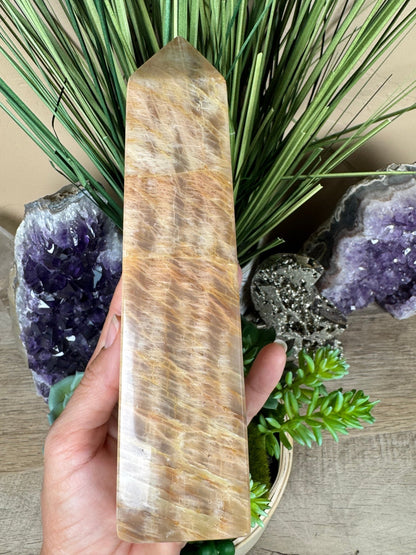 Peach Moonstone Obelisk 7.6in - Purple Door Alchemy