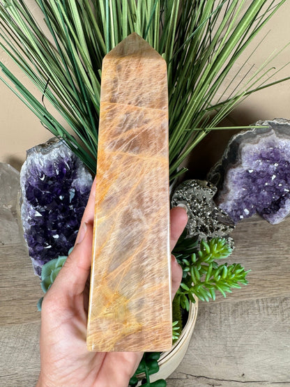 Peach Moonstone Obelisk 7.6in - Purple Door Alchemy