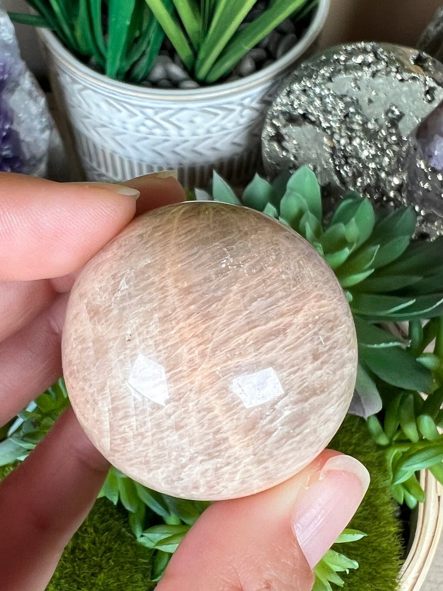 Peach Moonstone Sphere 39mm (1.53in) - Purple Door Alchemy