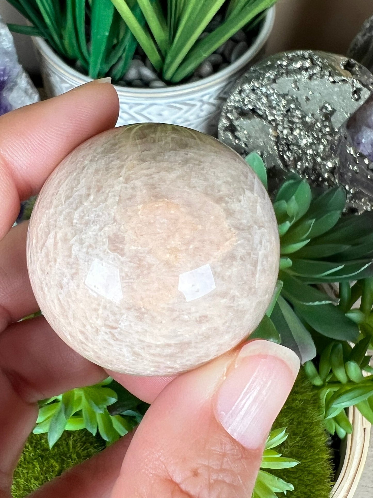 Peach Moonstone Sphere 39mm (1.53in) - Purple Door Alchemy