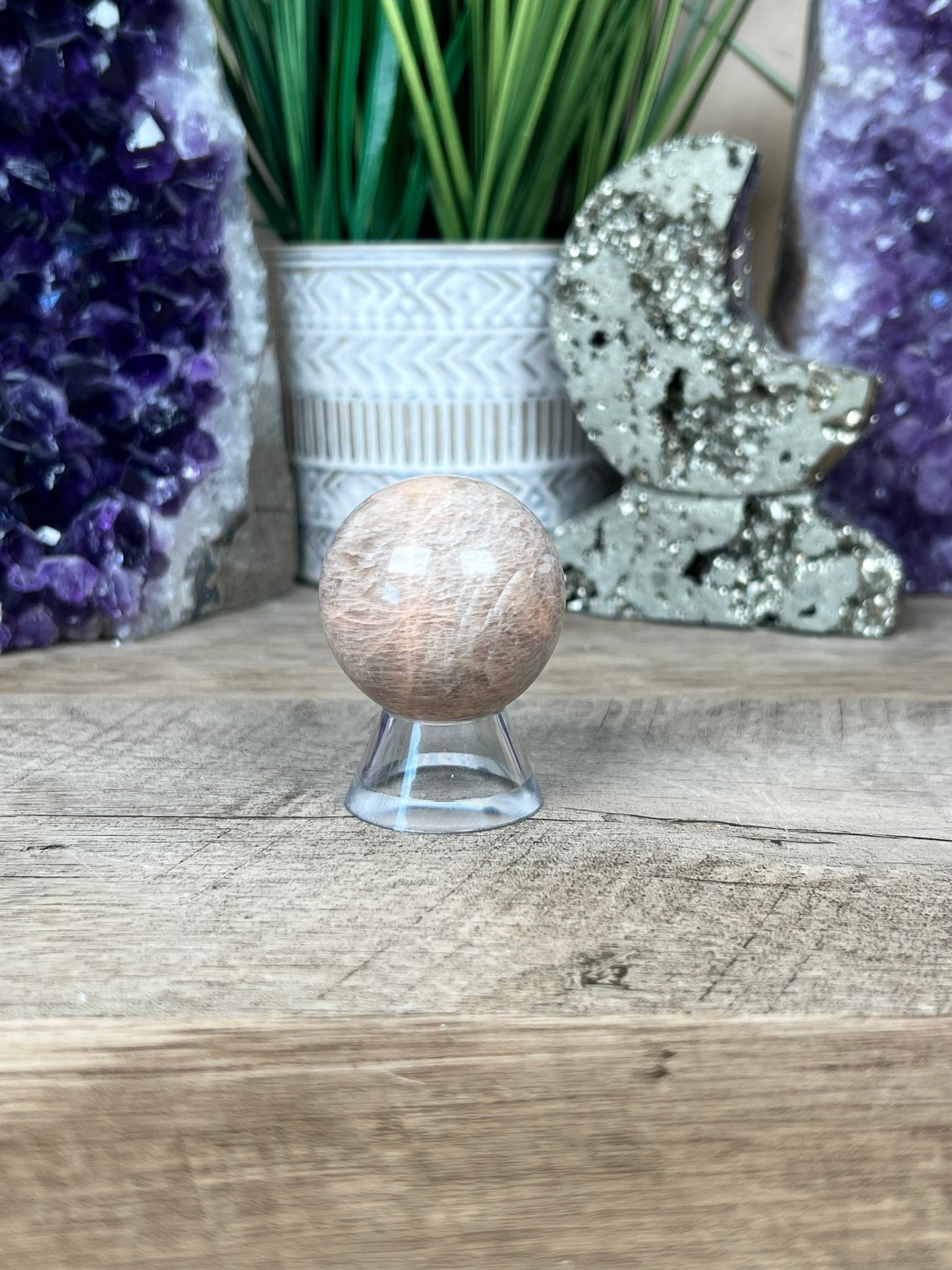 Peach Moonstone Sphere 39mm (1.53in) - Purple Door Alchemy