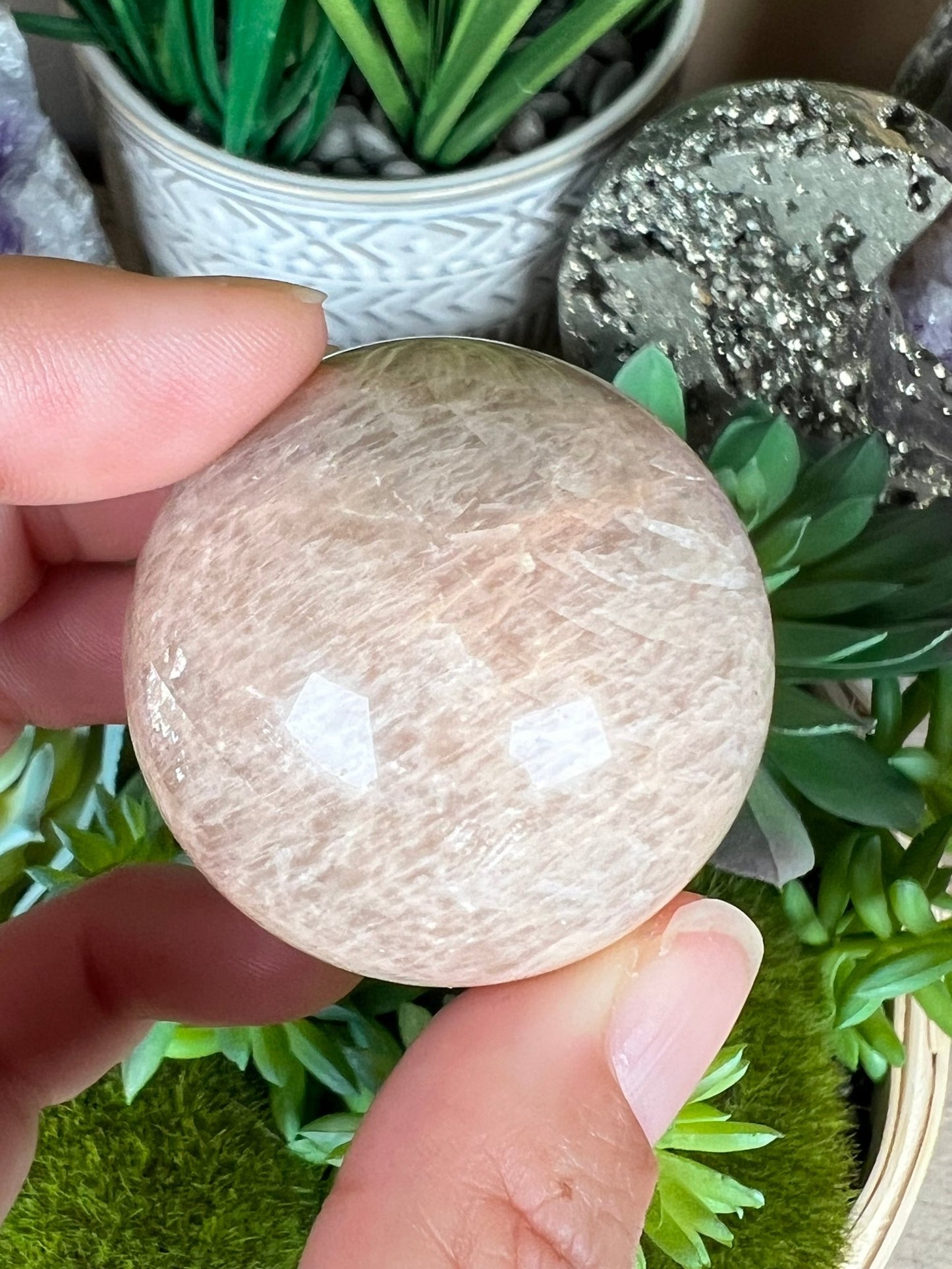Peach Moonstone Sphere 39mm (1.53in) - Purple Door Alchemy