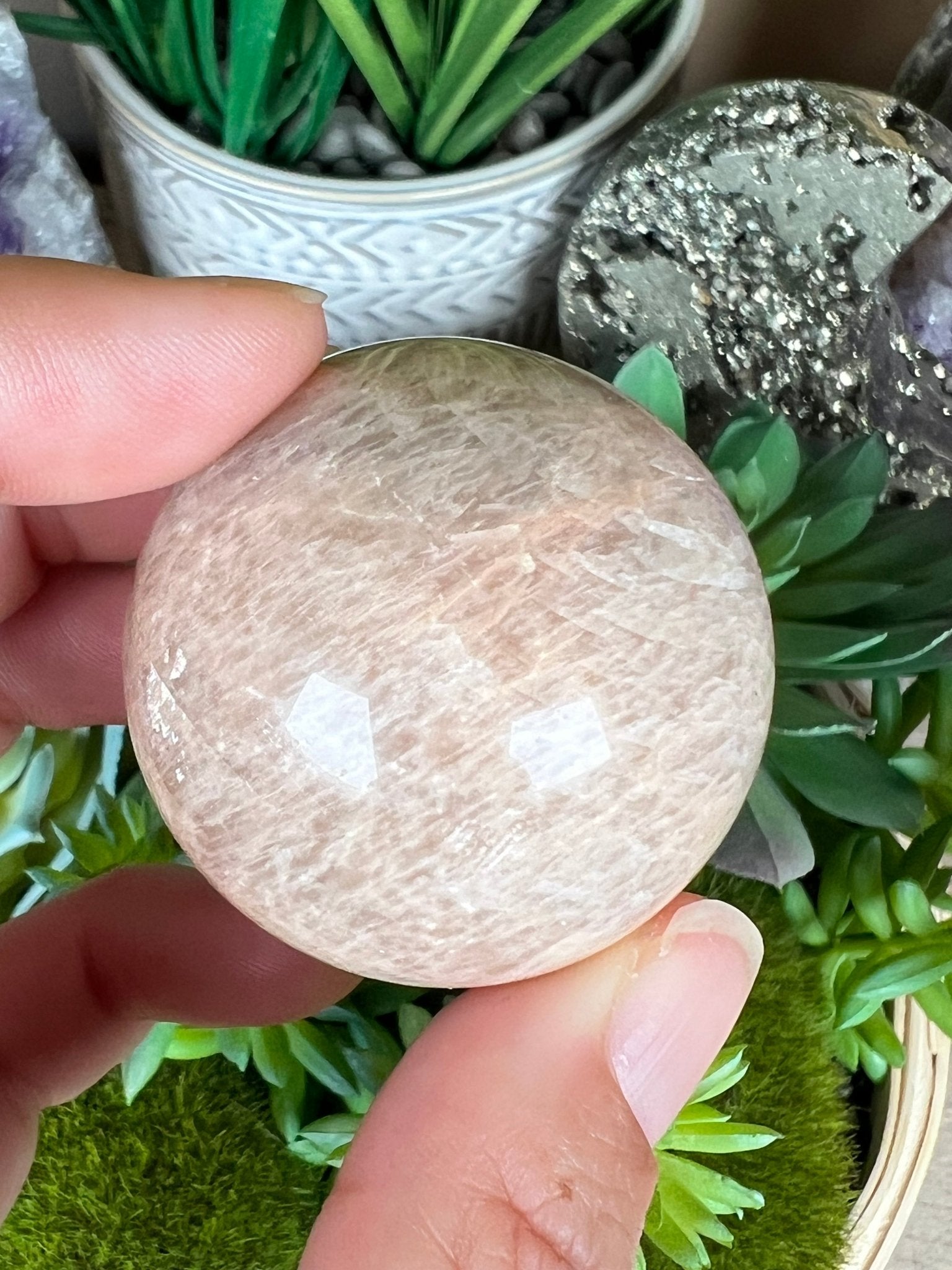 Peach Moonstone Sphere 39mm (1.53in) - Purple Door Alchemy