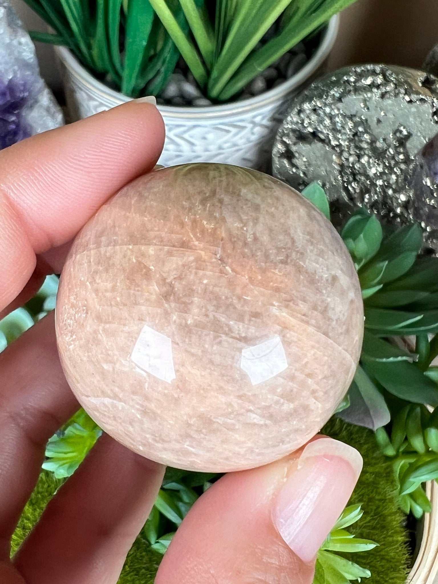 Peach Moonstone Sphere 39mm (1.53in) - Purple Door Alchemy