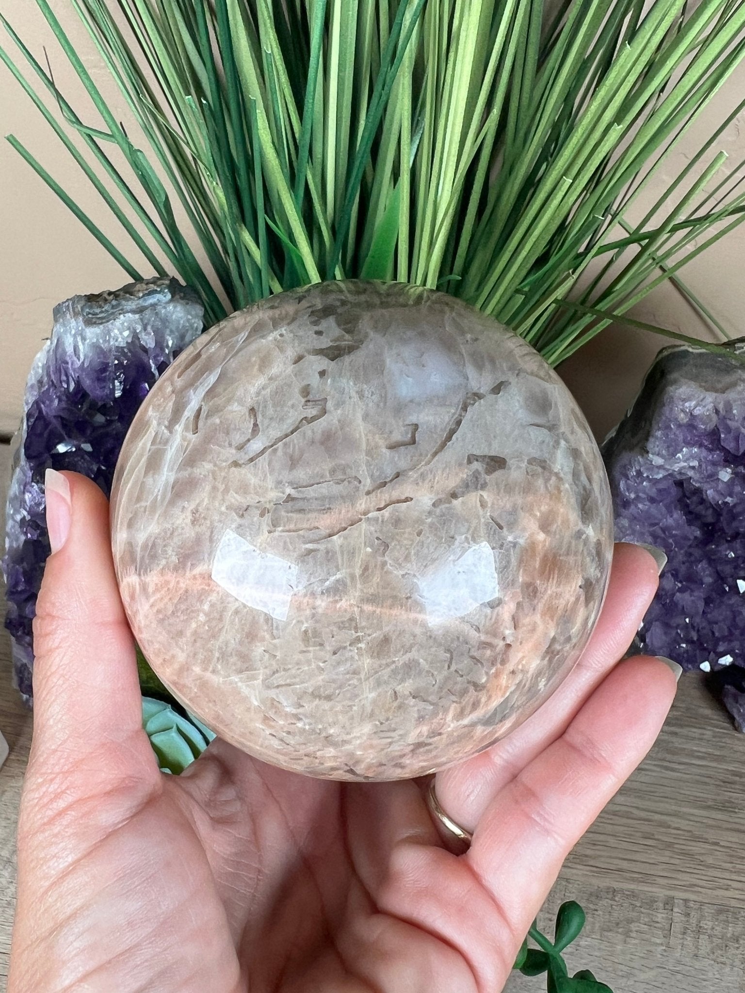 Peach Moonstone Sphere 88mm (3.46 inches) - Purple Door Alchemy
