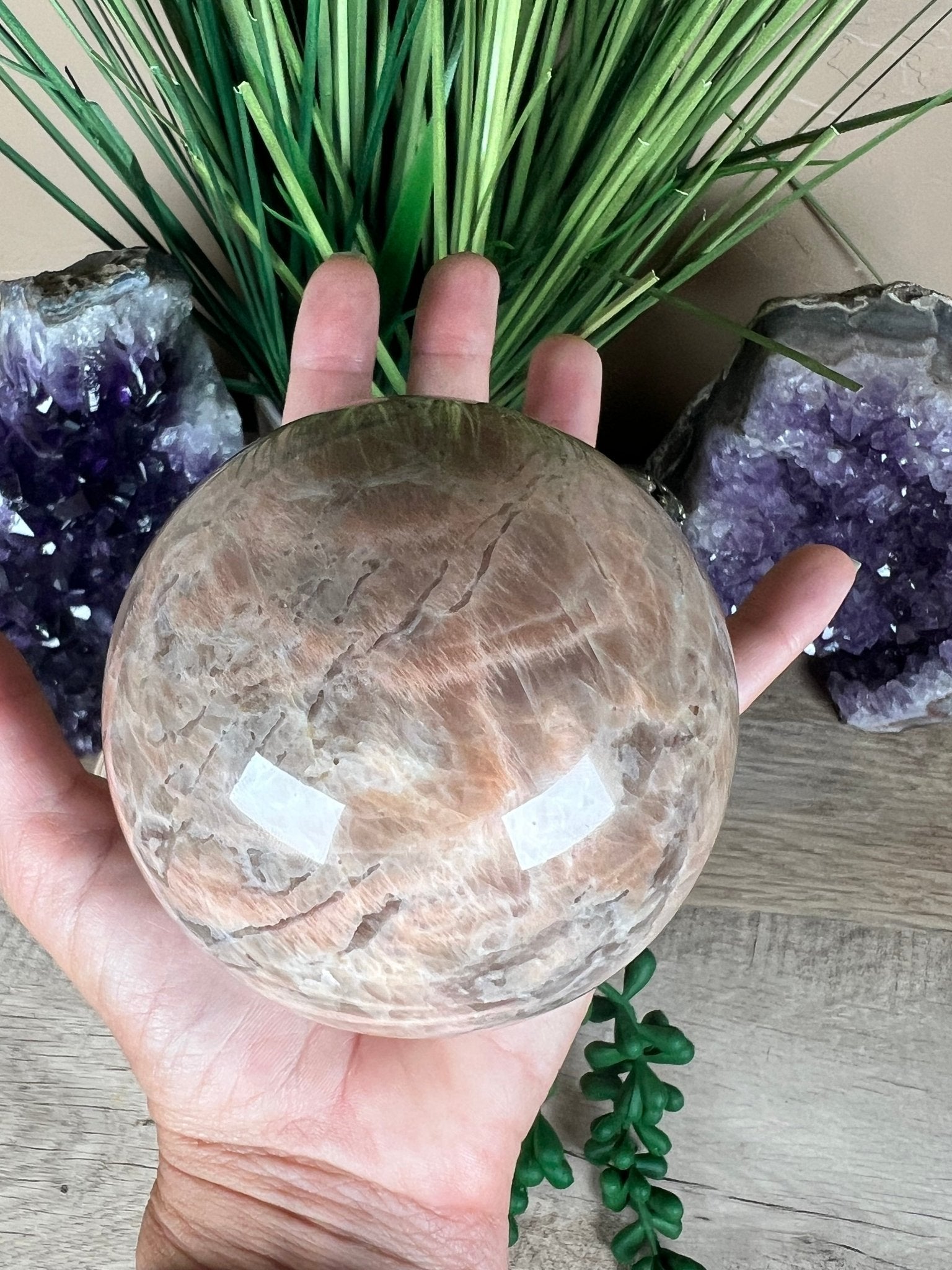 Peach Moonstone Sphere 88mm (3.46 inches) - Purple Door Alchemy