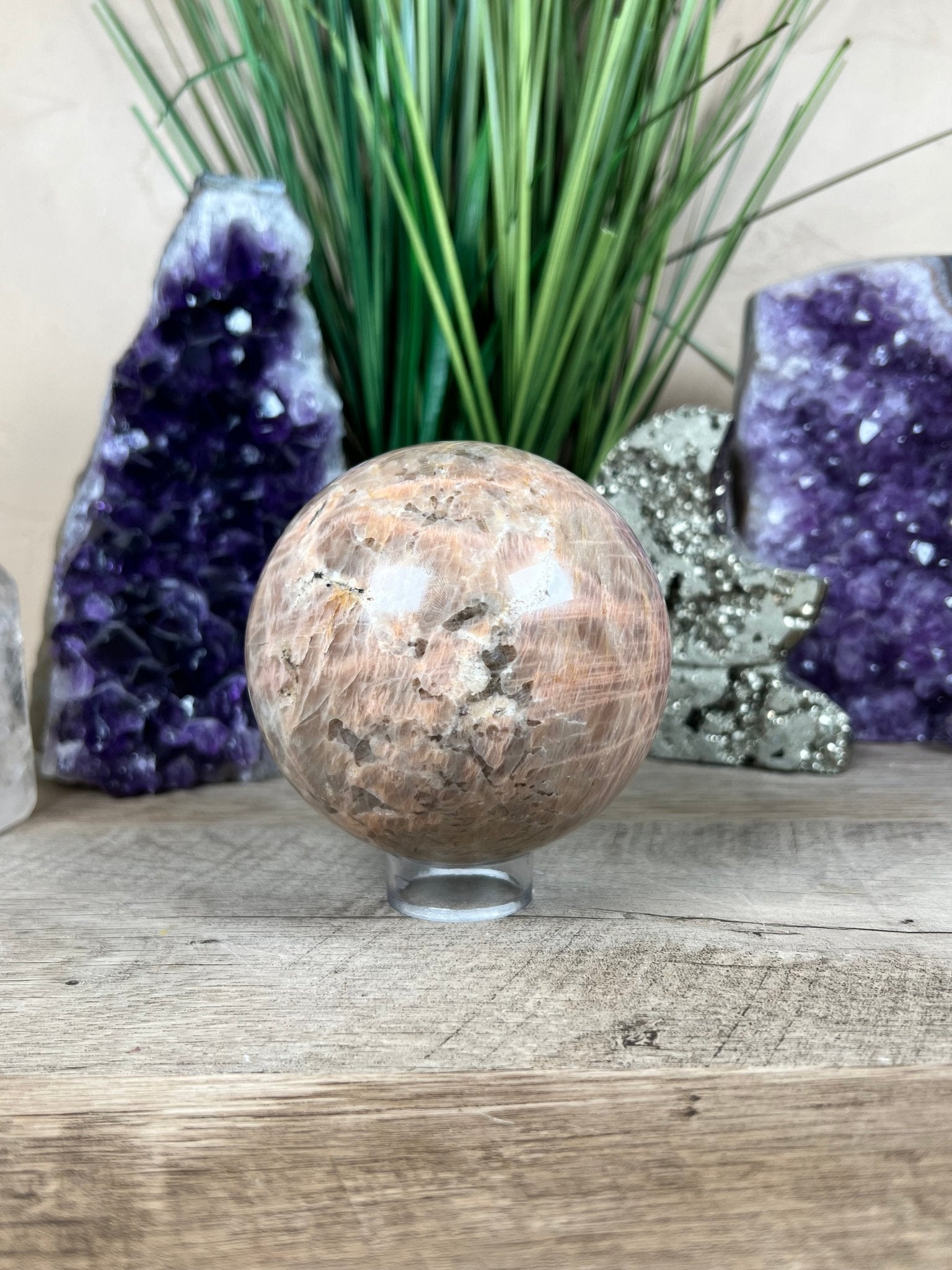 Peach Moonstone Sphere 88mm (3.46 inches) - Purple Door Alchemy