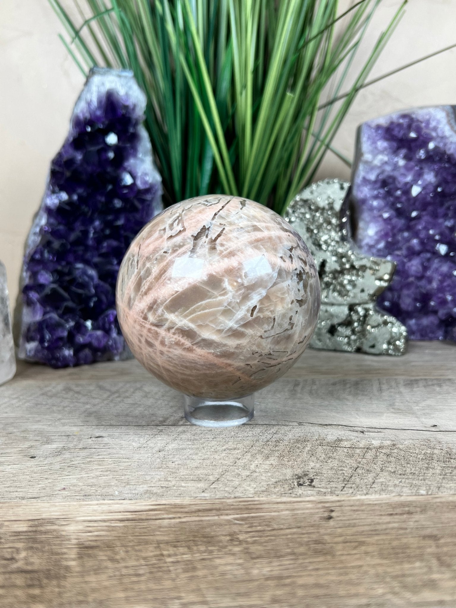 Peach Moonstone Sphere 88mm (3.46 inches) - Purple Door Alchemy