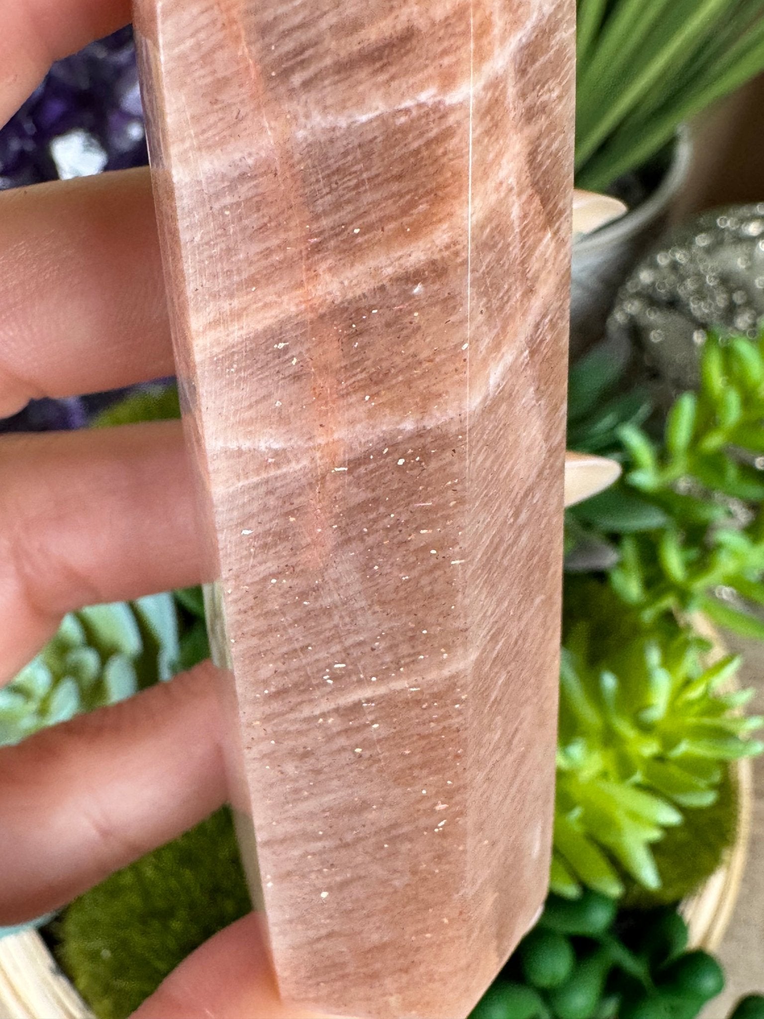 Peach Moonstone Sunstone Point - Purple Door Alchemy