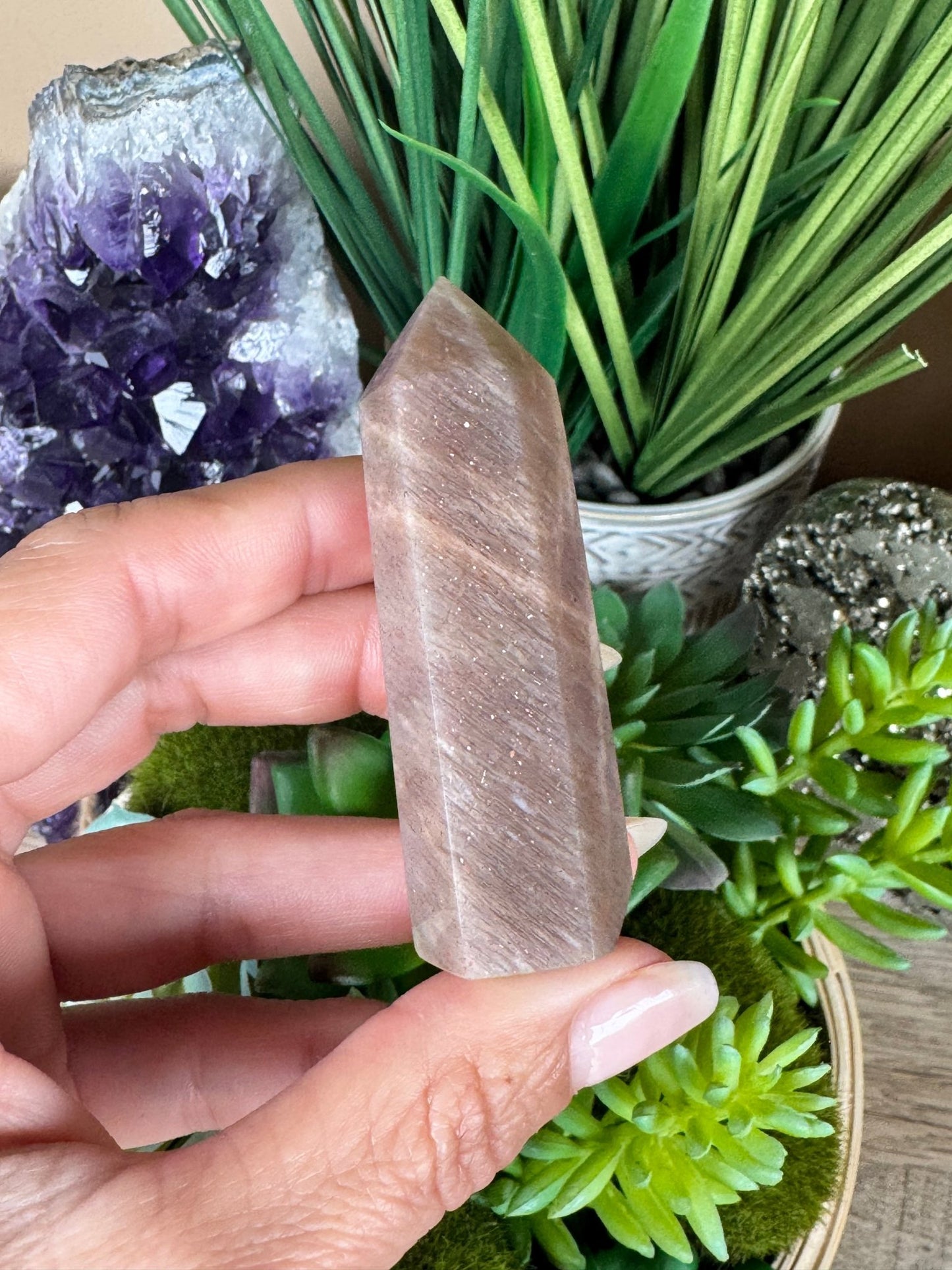 Peach Moonstone Sunstone Point - Purple Door Alchemy